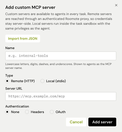 Configure a custom MCP server integration in Roomote