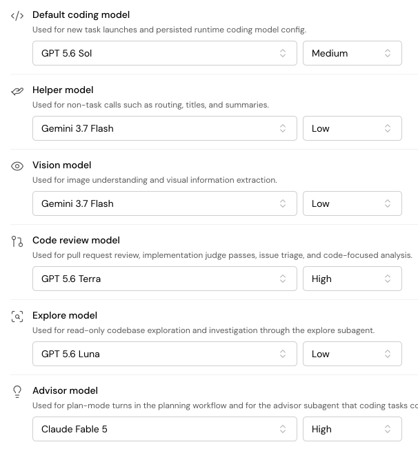 Roomote Settings screen showing model configuration for each agent role